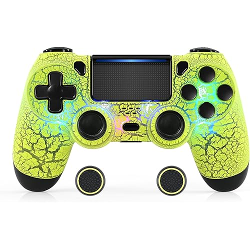 MOOGOLE Wireless Controller Compatible with PS4 - with 7 Lighting Modes, 7 Colors LED Light, Unique Crack, 2 Thumb Grips, Dual Vibration Feedback, 6-Axis Motion Sensing