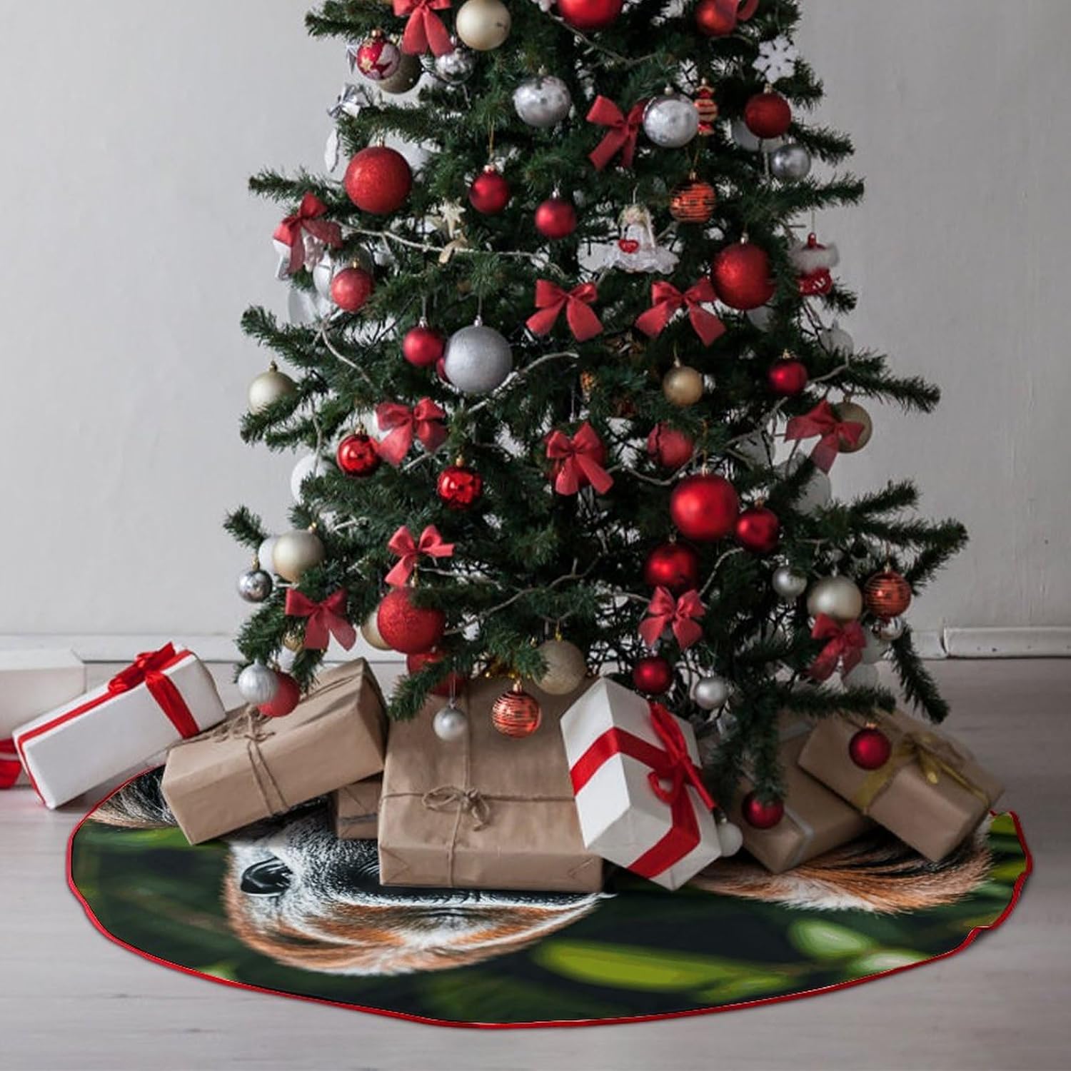 Christmas Tree Skirt 36 Inch Two Gorillas Hugging Each Other Xmas Tree Skirt Ornament Christmas Tree Collar for Merry Christmas Party Winter Holiday Christmas Tree Mat Decoration