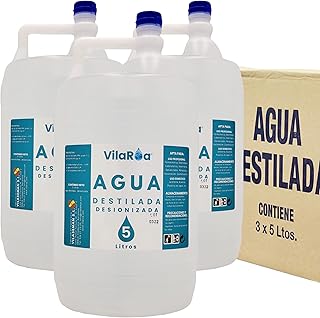 Agua Destilada Desionizada 3 Garrafa de 5 Litros, Agua Desmineralizada Alta Pureza Técnica para CPap, Autoclave, Humidificador, Plancha, Motores, Limpieza, Laboratorio, Plantas, Acuario, Bateria