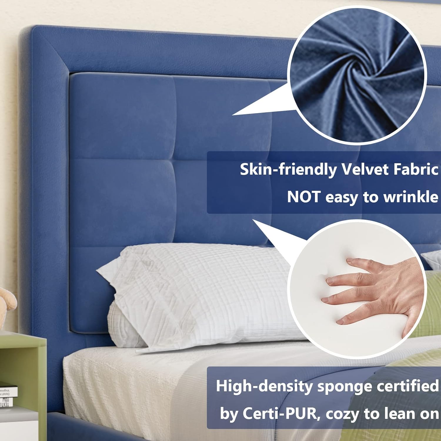 Queen Size Upholstered Bed Frame/Platform Bed Frame with Button Tufted Headboard/Wood Slat Support/Mattress Foundation/No Box Spring Needed/Easy Assembly/Blue Velvet