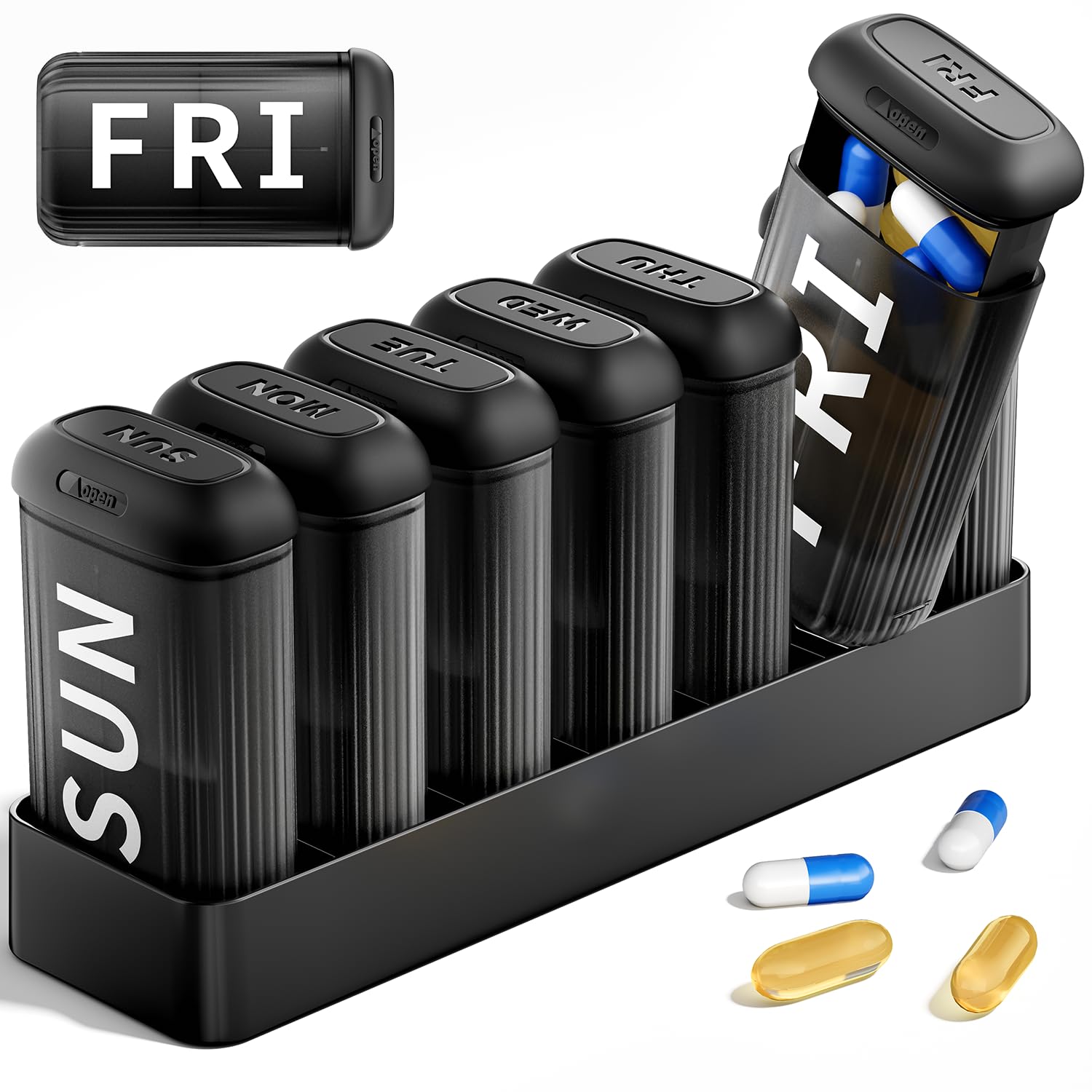 Betife Pilulier hebdomadaire 2 fois par jour, matin et soir, 7 jours, joli pilulier de voyage quotidien, jour et nuit pour médicaments, vitamines ou compléments (Blcak)