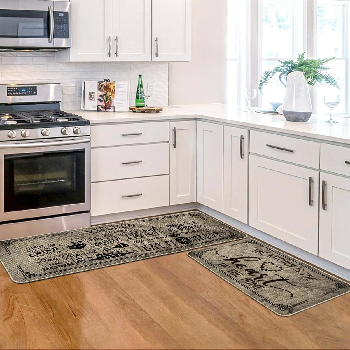 Artoid Mode Kitchen Quotes Kitchen Mats Set of 3, Seasonal The Kitchen is The Heart of The Home Cooking Sets Holiday Party Low-Profile Floor Mat - 17"x29"+17"x36"+17"x47"