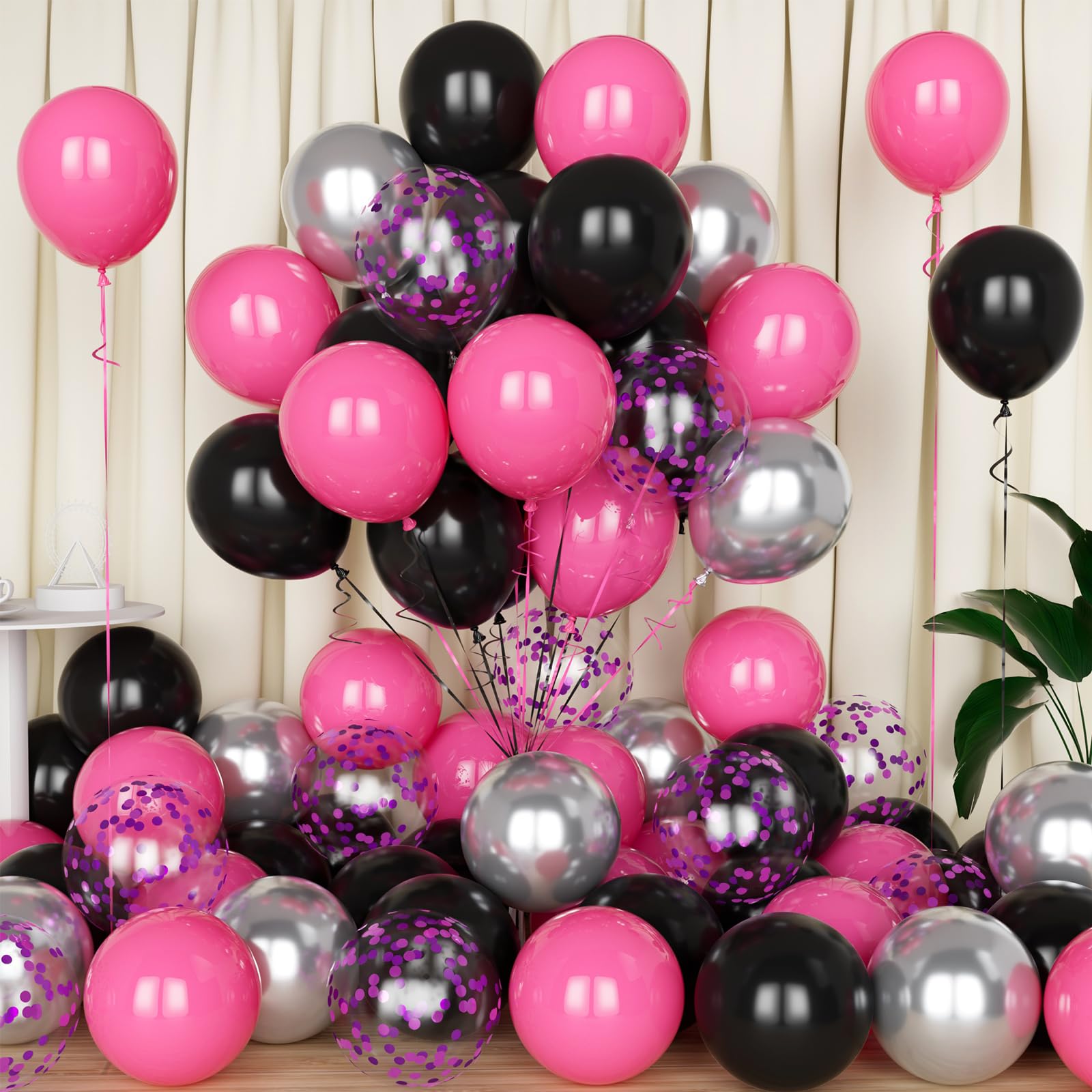 Pink Black Balloons, 50PCS 12inch Hot Pink Silver with Confetti Balloons for Girls Women's Theme Birthday Wedding Anniversary Engagement Bridal Shower Party Decoration