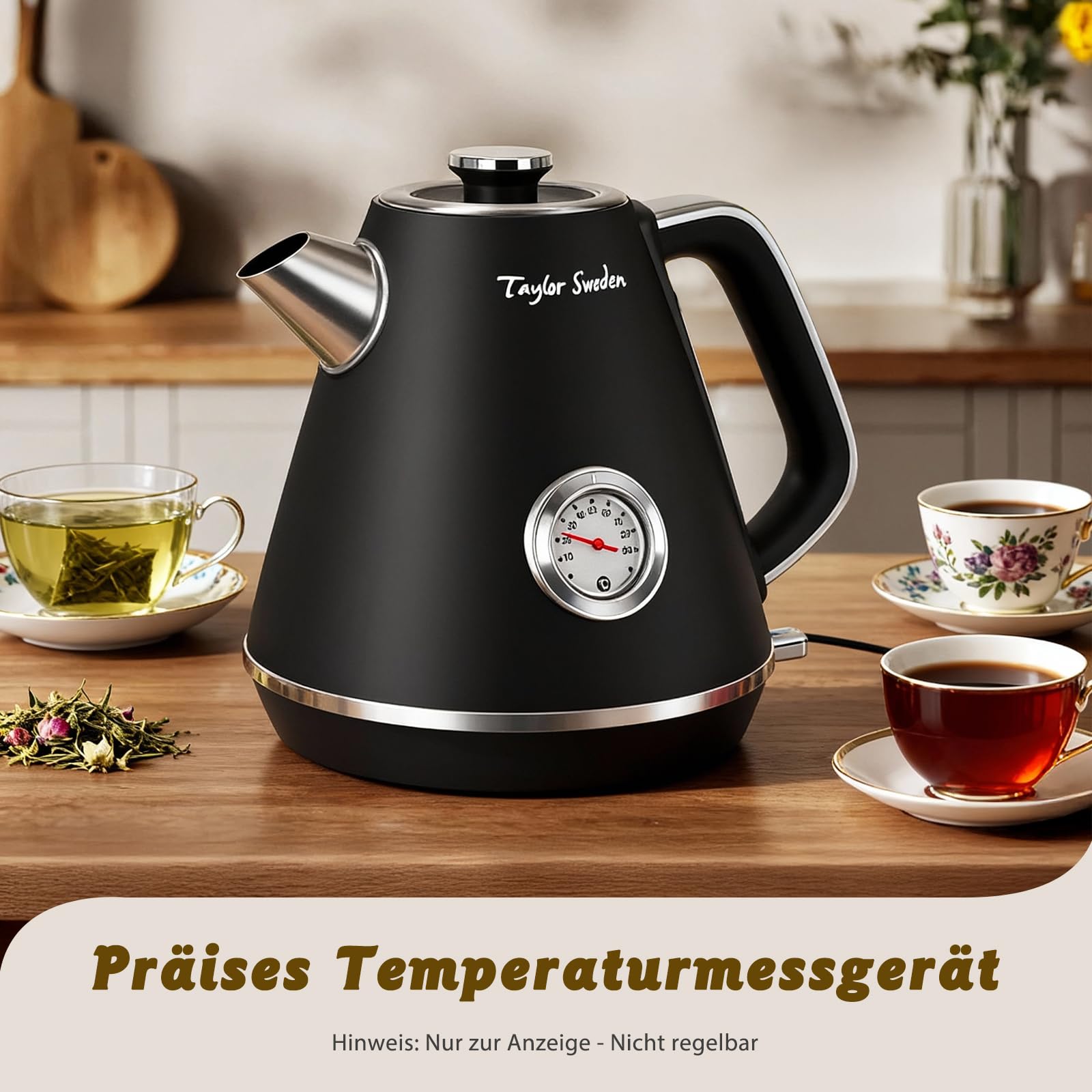 Taylor Swoden Retro Wasserkocher 1,7L Mit Temperaturanzeige Edelstahl 2200W | Mit analoger Temperaturanzeige, beleuchteter Wasserstandsanzeige, Anti-Kalkfilter und Abschaltautomatik