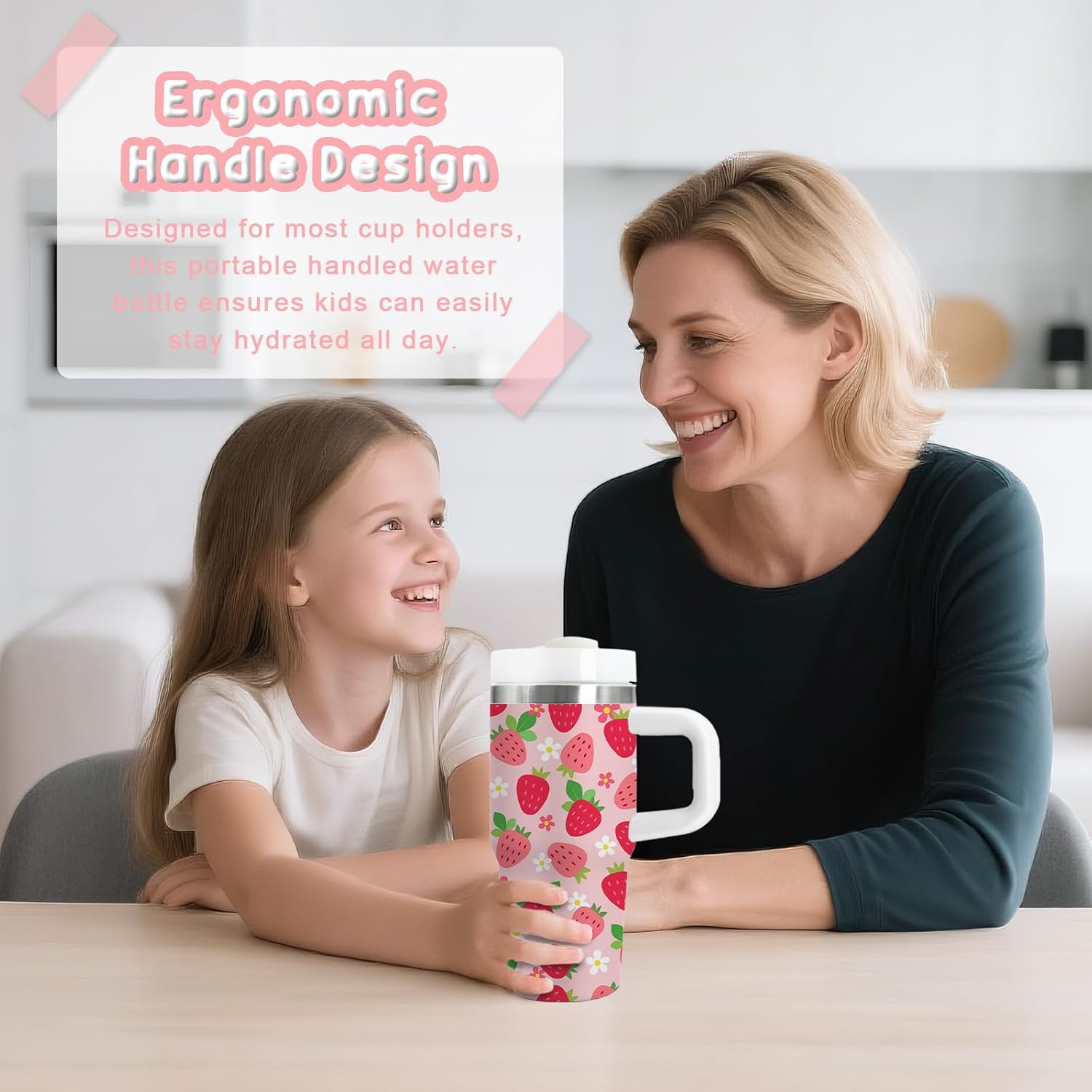 Strawberry Gifts for Girls - 14oz Pink Kids Strawberry Tumbler with Handle and Straw, Stainless Steel Insulated Water Cup, for School, Travel - Strawberries Themed Children Birthday Gift Cup(1pc) - Image 2