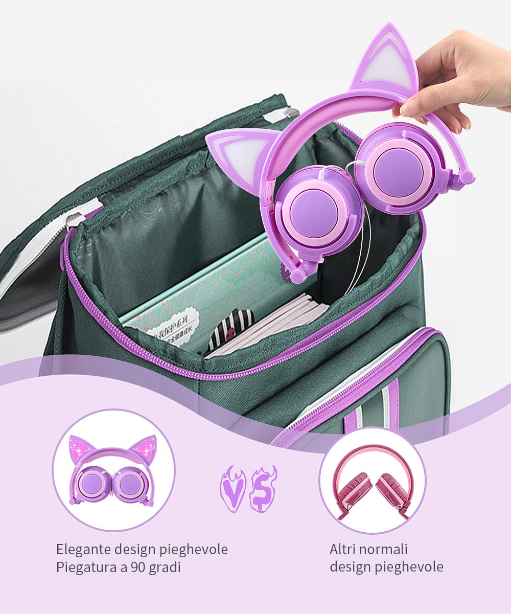 sunvito Cuffie per Bambini, Orecchio sopra con orecchie di gatto incandescente a LED, Cuffie Bambina Pieghevoli Cablate, 85dB Volume, cuffie gatto per ragazzo (Rosa2)