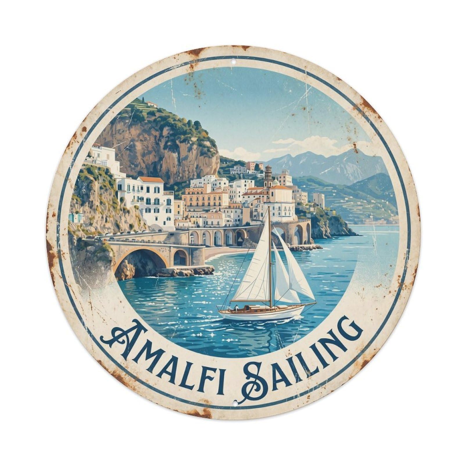 Vintage Travel Amalfi Sailboat Mediterranean Voyage Metal Tin Sign Plaque Wall Decor for Cafe, Club, Garden Round Metal Poster 8x8Inch