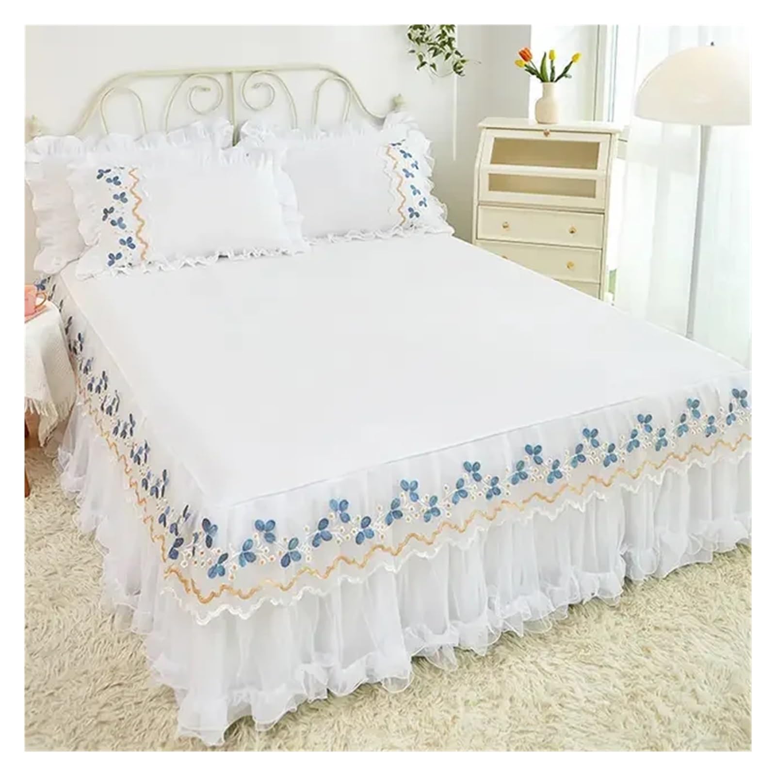 Lace Lotus Leaf Lace Bed Skirts Solid Color White Pink Bedspread Bed Cover Non-Slip Sheets Without Pillowcase(03,150x200cm 3pcs)