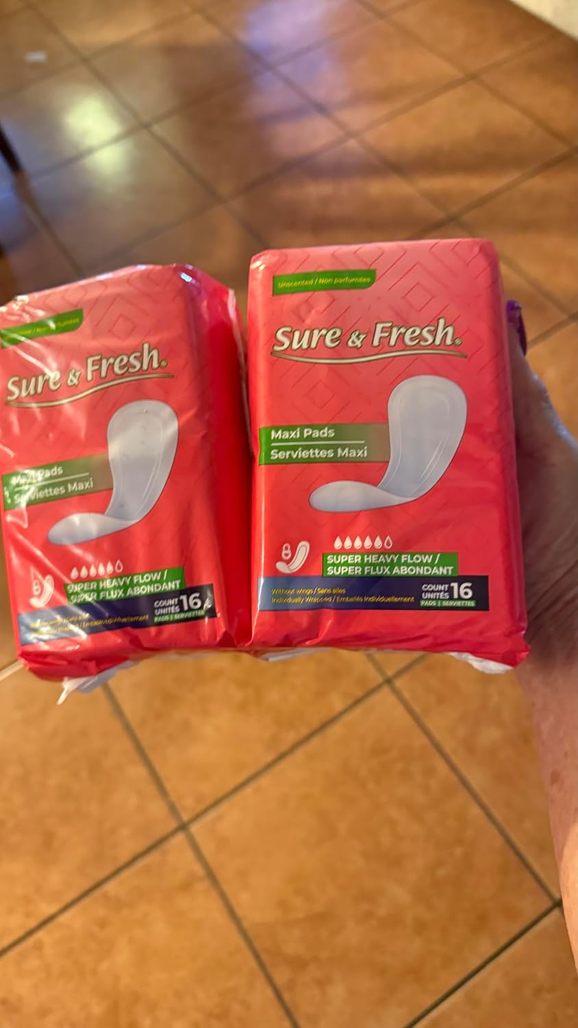 Sure & Fresh® Maxi Pads, Super Heavy Flow, Unscented, Without Wings, Individually Wrapped, 2 Pack of 16 Count
