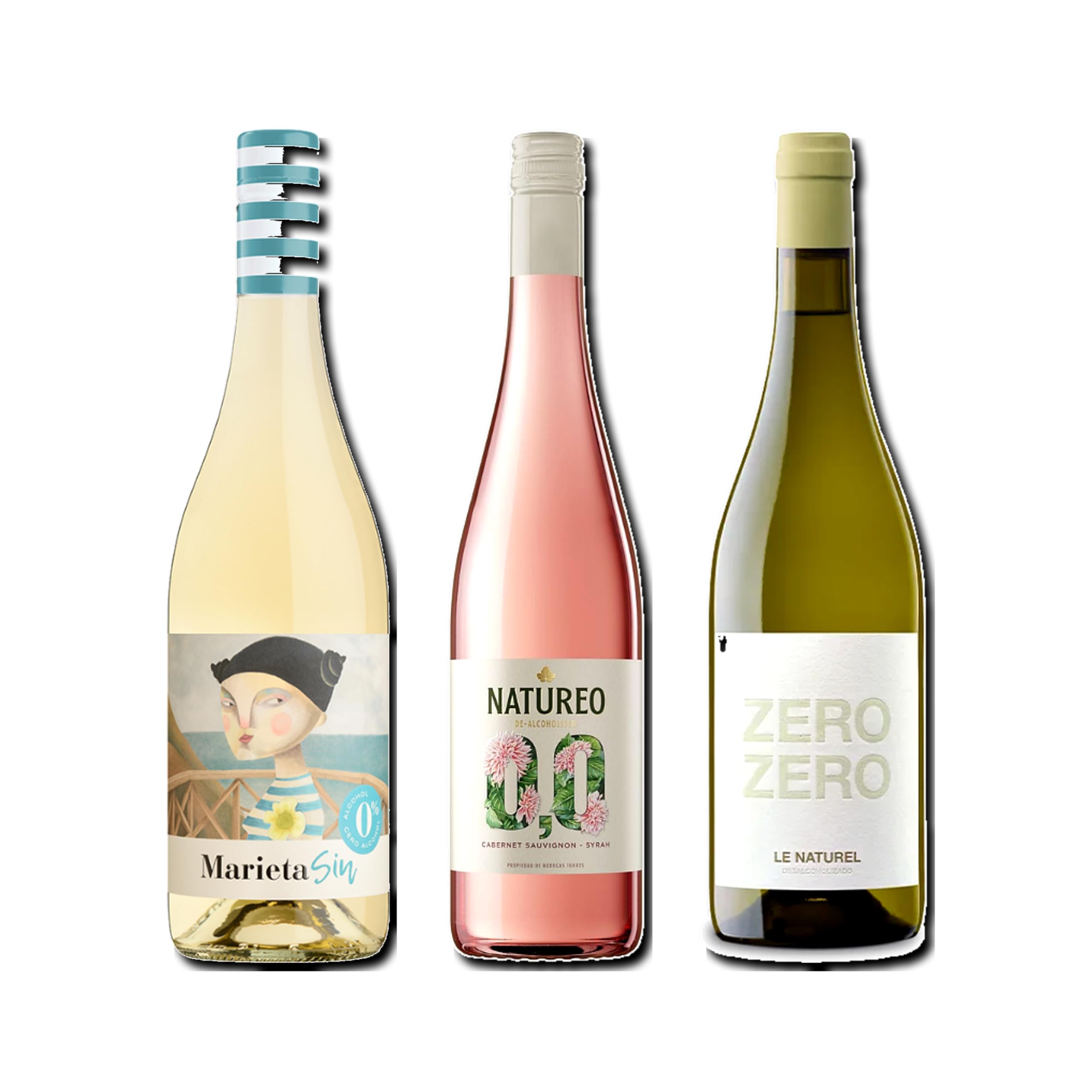 vino sin alcohol 0,0 Marieta, Natureo Rosado y Zero Zero Le Naturel Blanco pack de 3 botellas 75cl