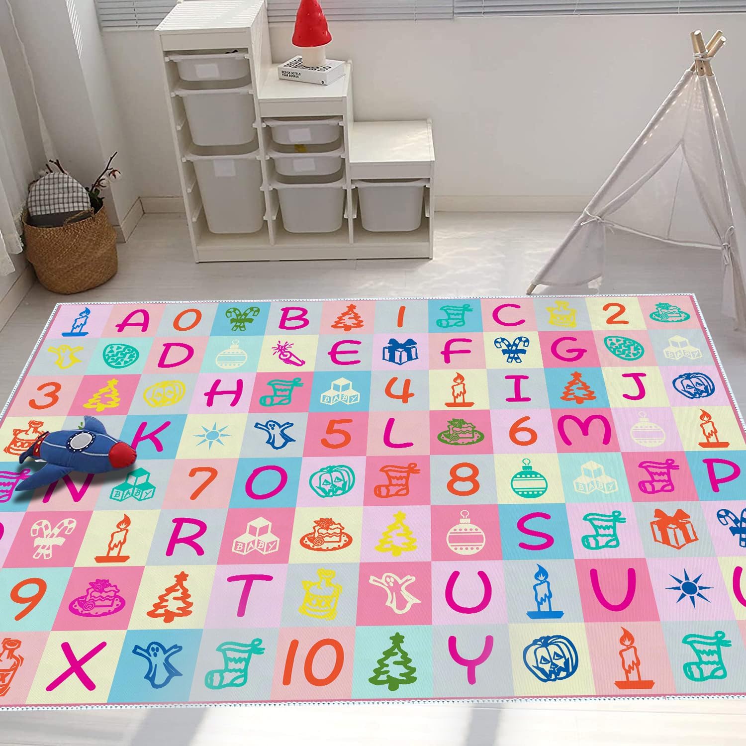 Pink Kids ABC Number Pattern Rug - Playroom Kids Room Nursery Decor Area Rug 2.6x4 ft - Fun Alphabet Educational Boy Rug - Soft Non-Slip
