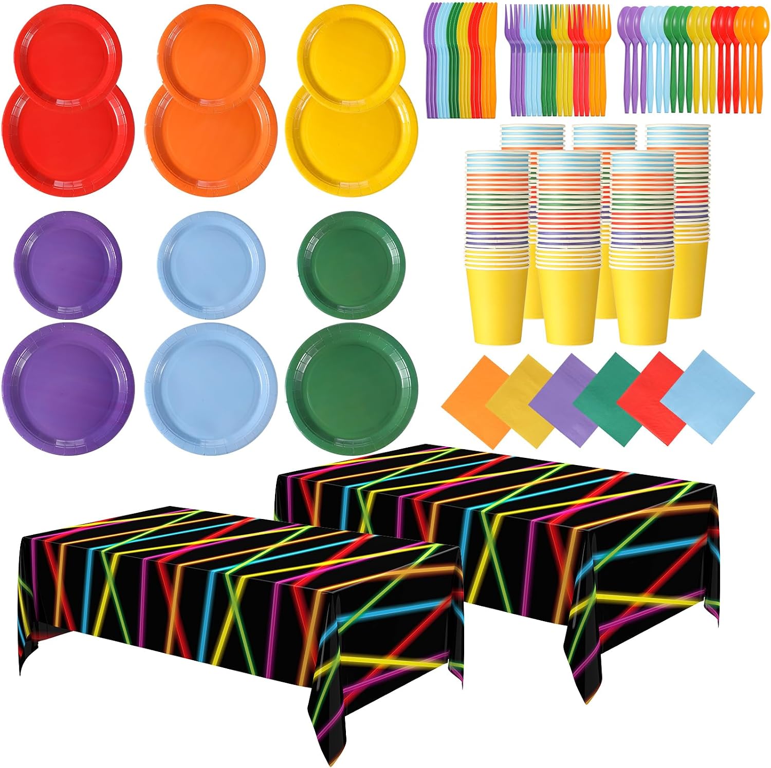 Oudain 206 Pcs Neon Glow Birthday Party Decorations Serve 24, Glow in The Dark Party Supplies 2 Tablecloths 7'' 9'' Plates Rainbow Dinnerware Set for Carnival Birthday Favors