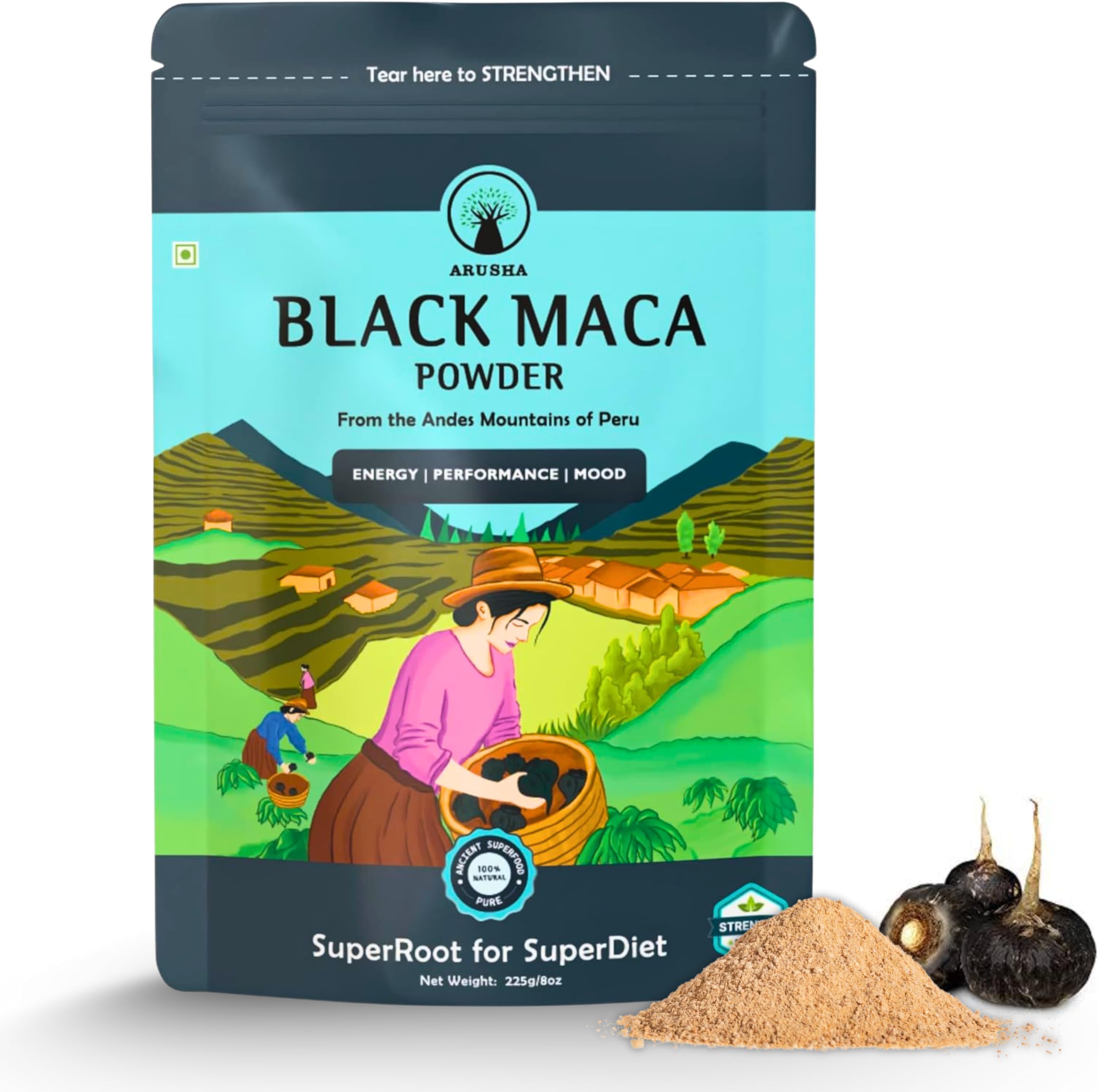 Arusha Black Maca Powder 225g | Maca Root Powder from Peru | 56 Servings | Natural Superfood for Energy & Vitality | Plant-Based Wellness Support