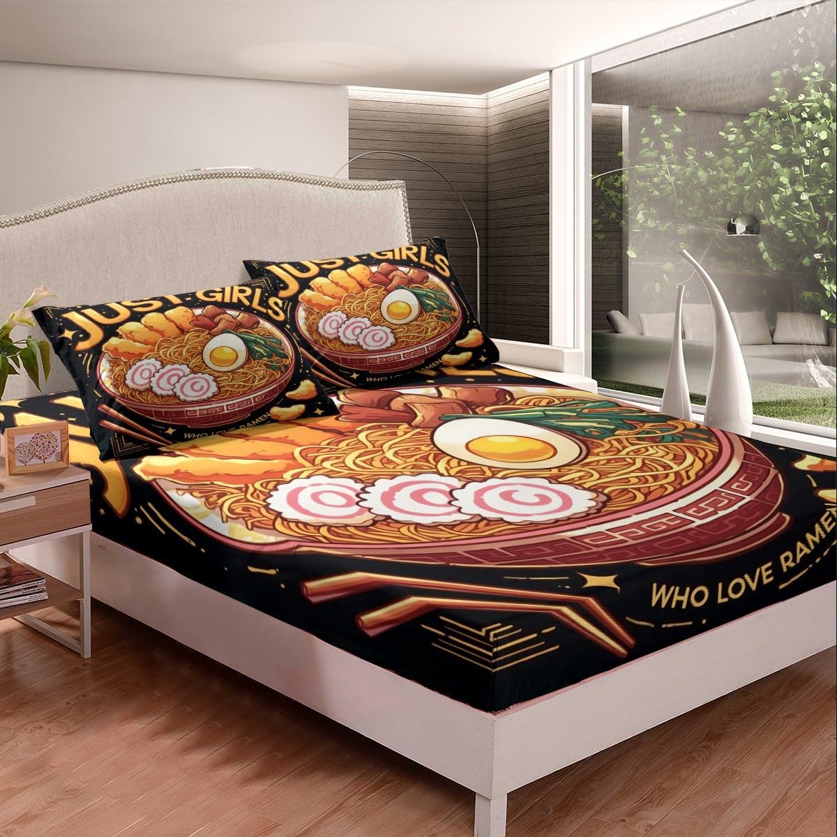 Erosebridal Japanese Ramen Bedding Set Full,Ramen Noodle Fitted Sheet Funny Gifts for Kids Teens Adults,Anime Style Bed Sheets Food Theme Bed Set with 2 Pillowcases Room Decor (No Flat Sheet)