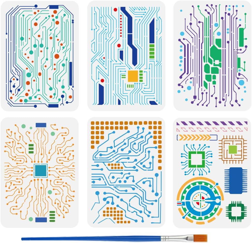 FINGERINSPIRE 6 PCS Circuit Board Stencils with Paint Brush 8.3x11.7inch Circuit Diagram Templates Reusable Mixed Electronic Sketch Stencils for Adults Painting on Wood Wall Canvas Furniture