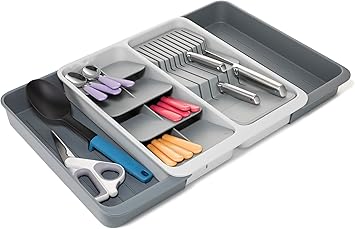 Joseph Joseph DrawerStore Expanding Tiered Cutlery Tray with Knife Organiser, Expandable in Drawer Space Saving Kitchen Storage, Recycled Plastic