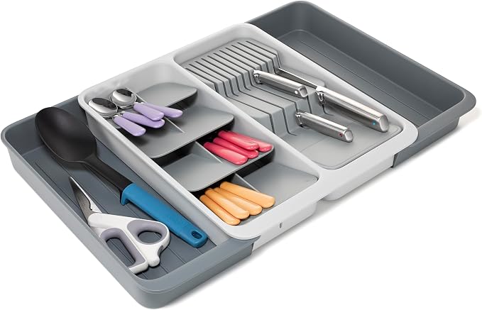 Large flatware & utensils organizer- Joseph Joseph DrawerStore Expanding Tiered Flatware Cutlery Tray with Knife Organizer, Expandable In-Drawer Space-Saving Kitchen Storage, Recycled Plastic