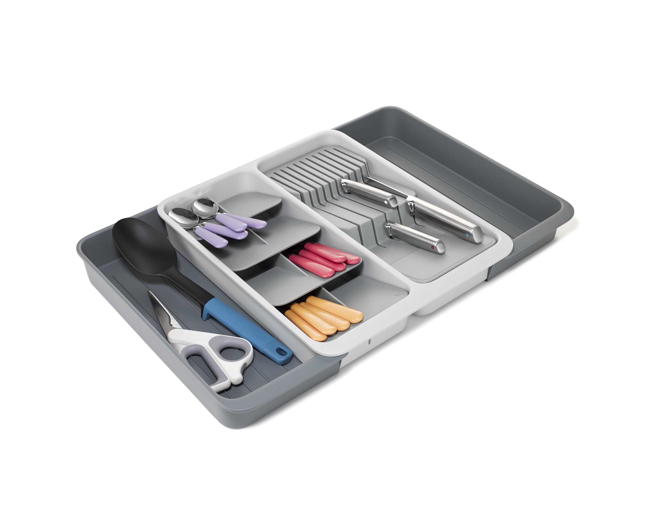 Joseph Joseph DrawerStore Expanding Tiered Cutlery Tray with Knife Organiser, Expandable in Drawer Space Saving Kitchen Storage, Recycled Plastic