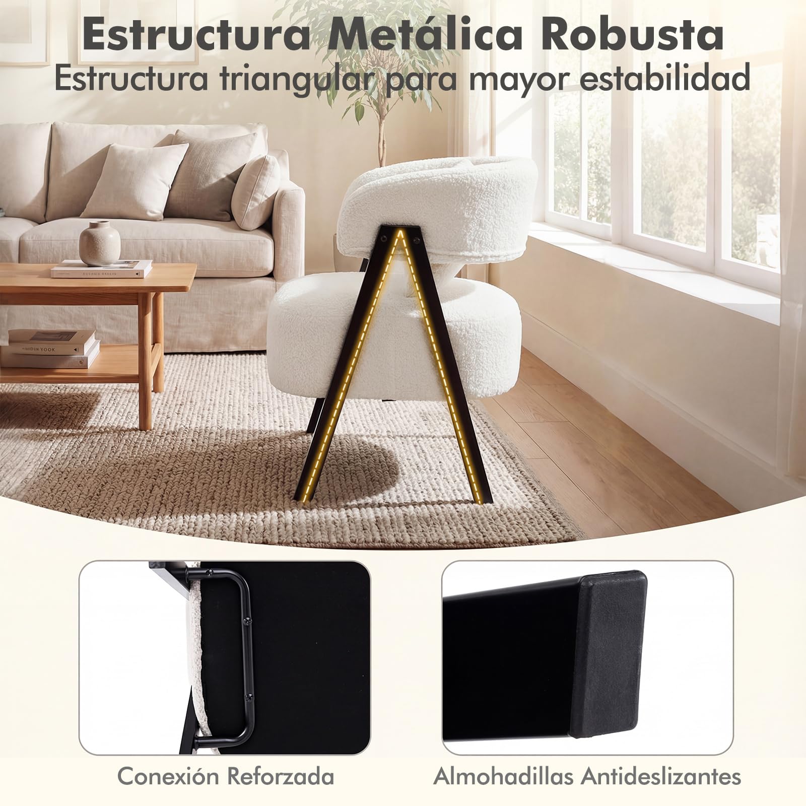 COSTWAY Butaca de Salón Tapizado en Imitación Conejo Suave, Sillón con Cojín Lumbar y Patas de Metal, Silla Estilo Escandinavo para Lectura, Sofá Individual de Ocio para Salón, Dormitorio (Blanco)