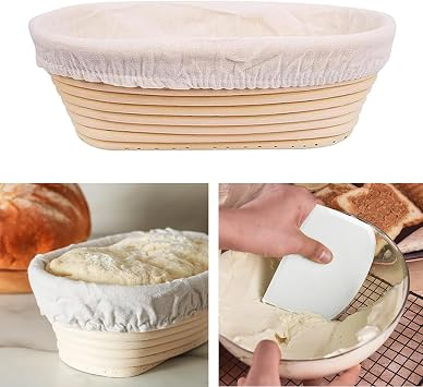 Banneton Bread Proofing Basket, Bread Proofing Basket Set, 10 inch Oval Banneton Bowl with Dough Whisk Linen Liner Cloth Dough Scraper Silicone Brush Bread Lame & Blades for Home Bakers(10-Piece Set)