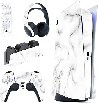 PlayVital Seamless White Marble Full Set Skin Decal for ps5 Console Disc Edition, Sticker Vinyl Decal Cover for ps5 Controller & Charging Station & Headset & Media Remote
