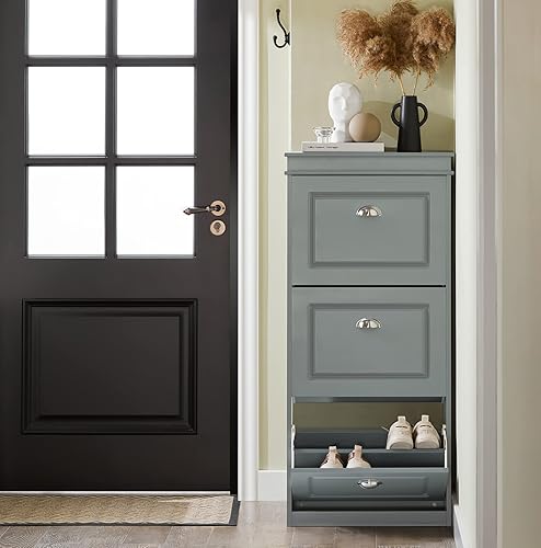 Miniatura 17 de Haotian FSR82-L-SCH - Zapatero de pasillo negro, zapatero de diseño moderno, zapatero delgado con cajón abatible y cojín de asiento acolchado Negro