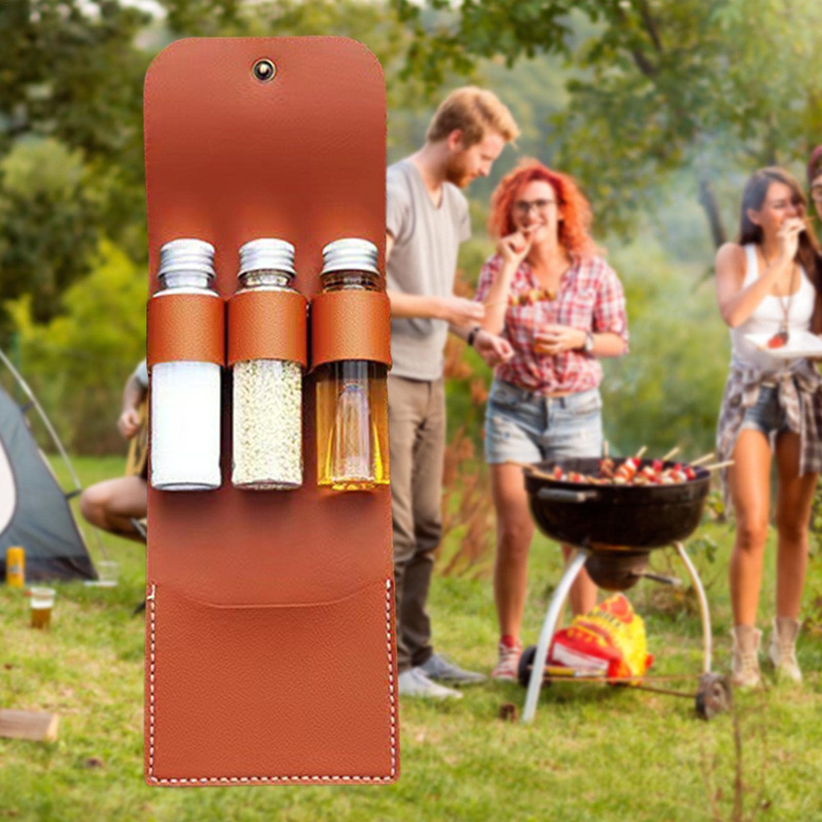 Yiida Camping Gewürzset Mit Leder-Tasche – 4 Gewürzgläser & Aufbewahrungsbeutel Für Outdoor, Grillen, Reisen