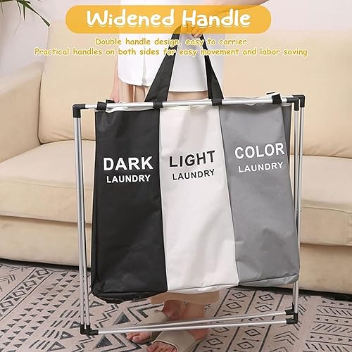 Miniatura 7 de Cesta de lavandería mejorada de 136 litros, clasificadora de 3 secciones, impermeable y plegable, bolsa de almacenamiento para ropa sucia, juguetes,