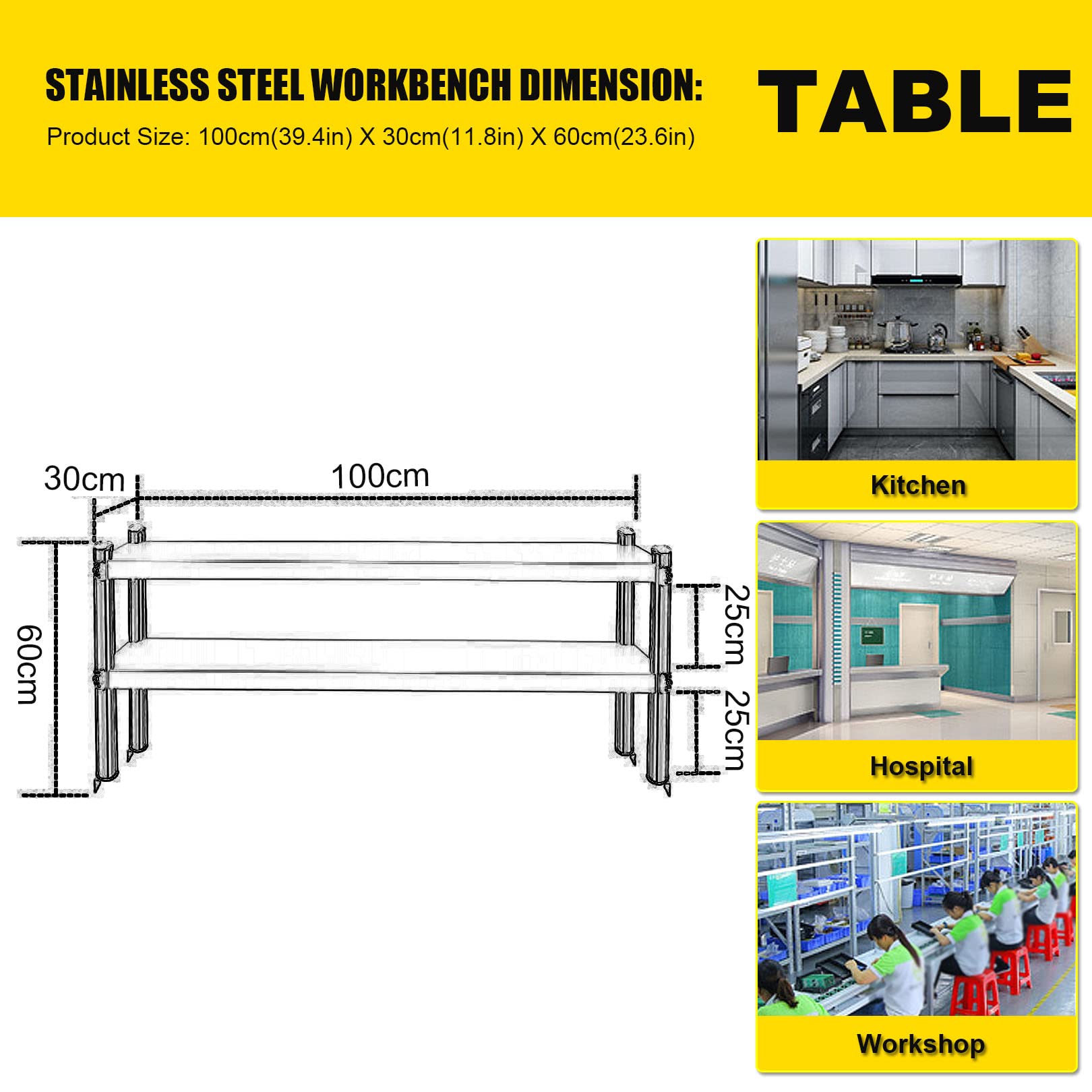 Mesa de preparación de cocina de acero inoxidable Mesa de trabajo de cocina de alta resistencia 2 estantes inferiores Mesa de preparación de alimentos y carro de trabajo Banco de trabajo de alta resis