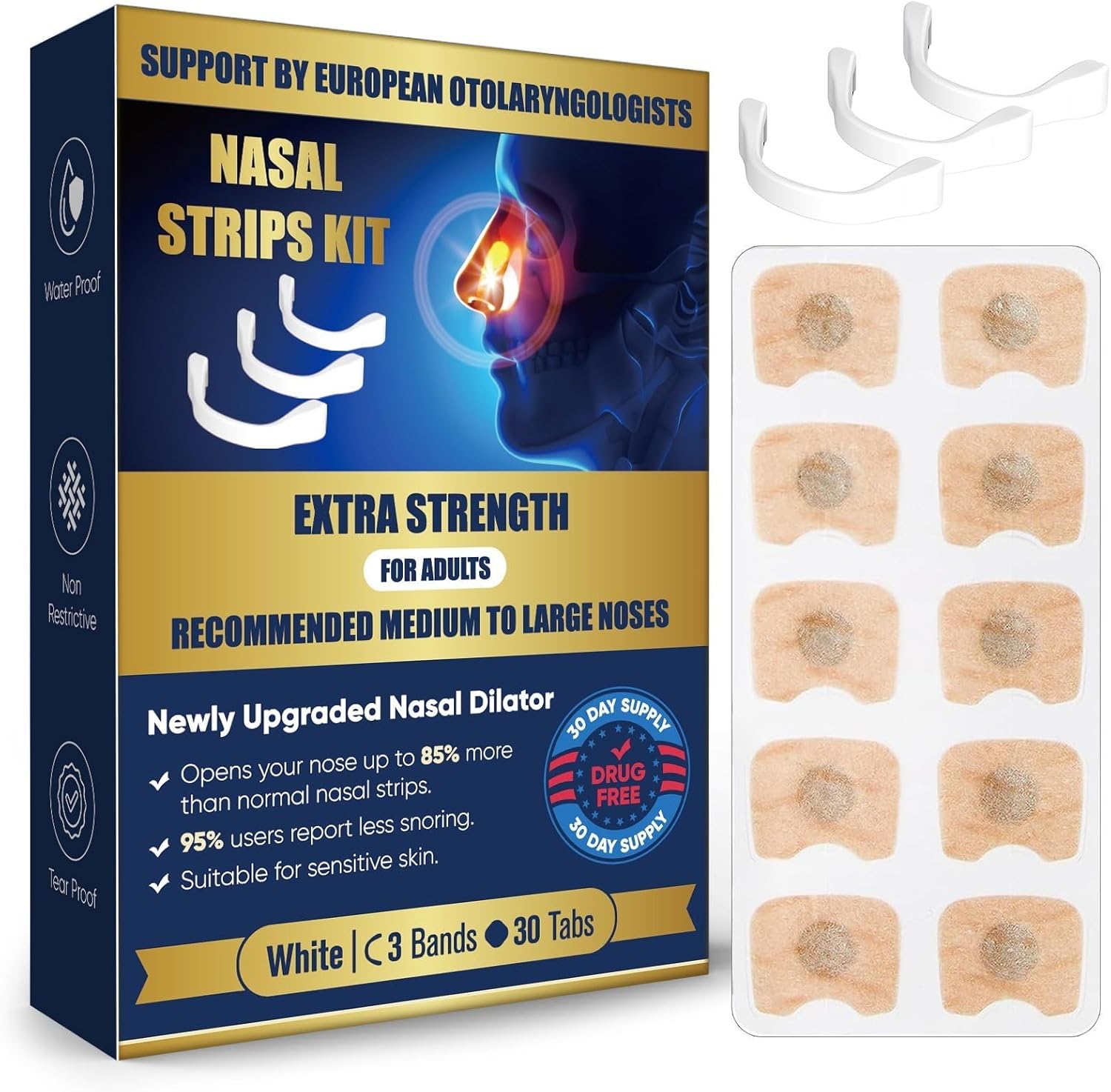 Magnetic Nose Strips for Breathing, Skin Safe Anti Snoring Devices, Nasal Strips for Snoring, Nasal Dilators to Boost Oxygen, Snoring Solution for Medium & Large Noses- White