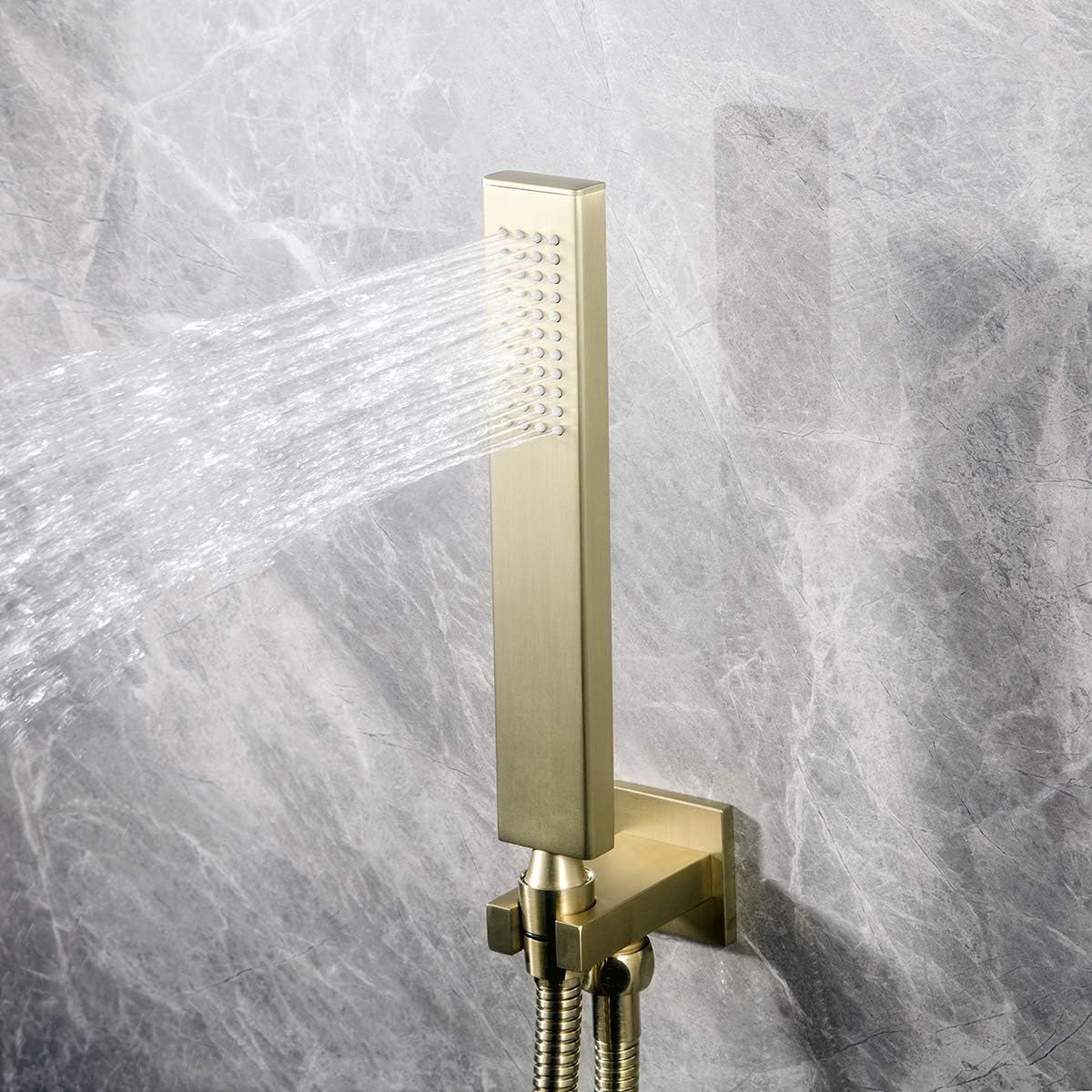 Square Solid Brass Brushed Gold Hand Held Shower Head With Wall Connector and Hose Set