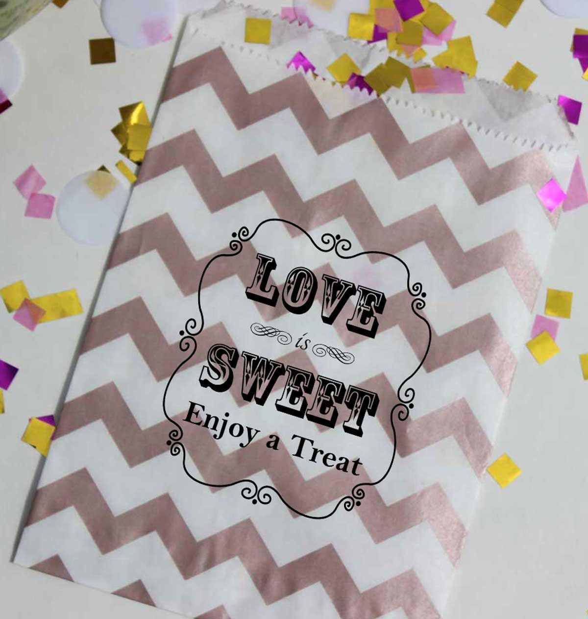 Bakers Bling Wedding Party Favor Bags with Stickers, Rose Gold and White Chevron Stripe Love is Sweet Enjoy a Treat Candy Bags, 5.5 x 7.5, Set of 48 Bags and 48 Stickers