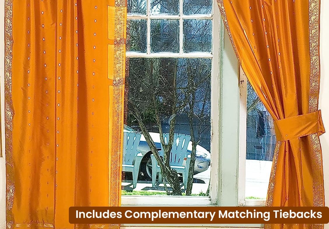 Handcrafted Mustard Indian Sari Curtains, Tiebacks Included Unlined Tie Top Sari Sheer Curtains, 43" W x 96" L, Beauty & Elegance for Living Rooms, Bedrooms, and Dining Rooms, Sold in Pairs