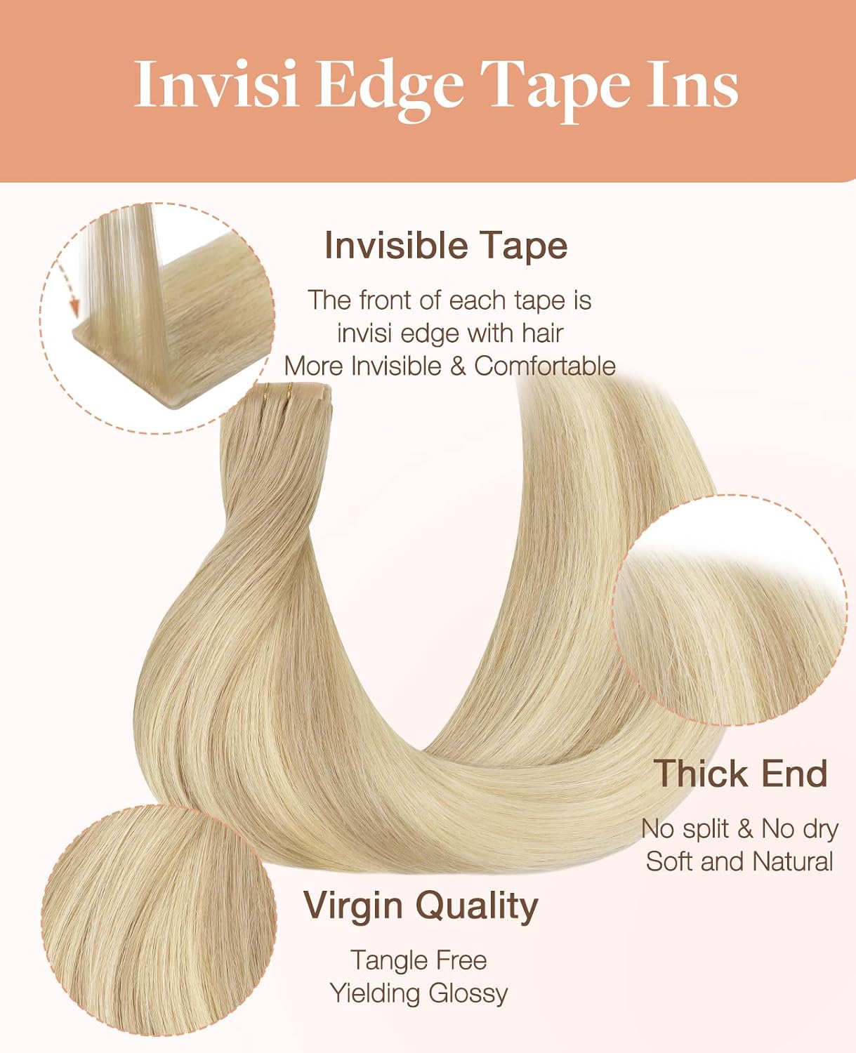  Invisi Edge Tape in Hair Extensions Human Hair, Natural Look, 10Pcs thumbnail