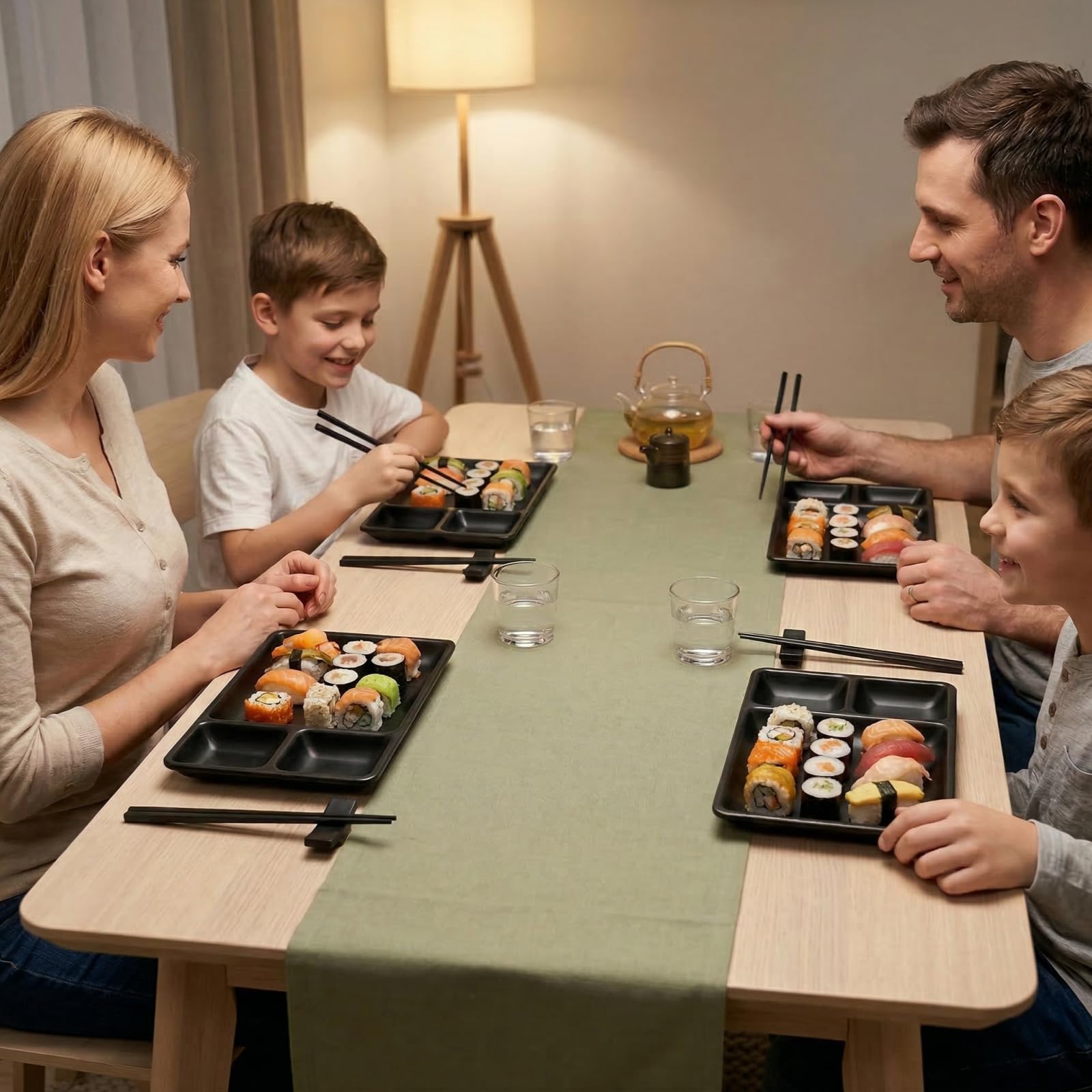 Pumtus Juego de platos japoneses de sushi de 16 piezas, juego de servir de sushi de melamina, juego de vajilla de sushi, incluye 4 platos de servir sushi, 4 platos de salsa de soja, 4 pares de