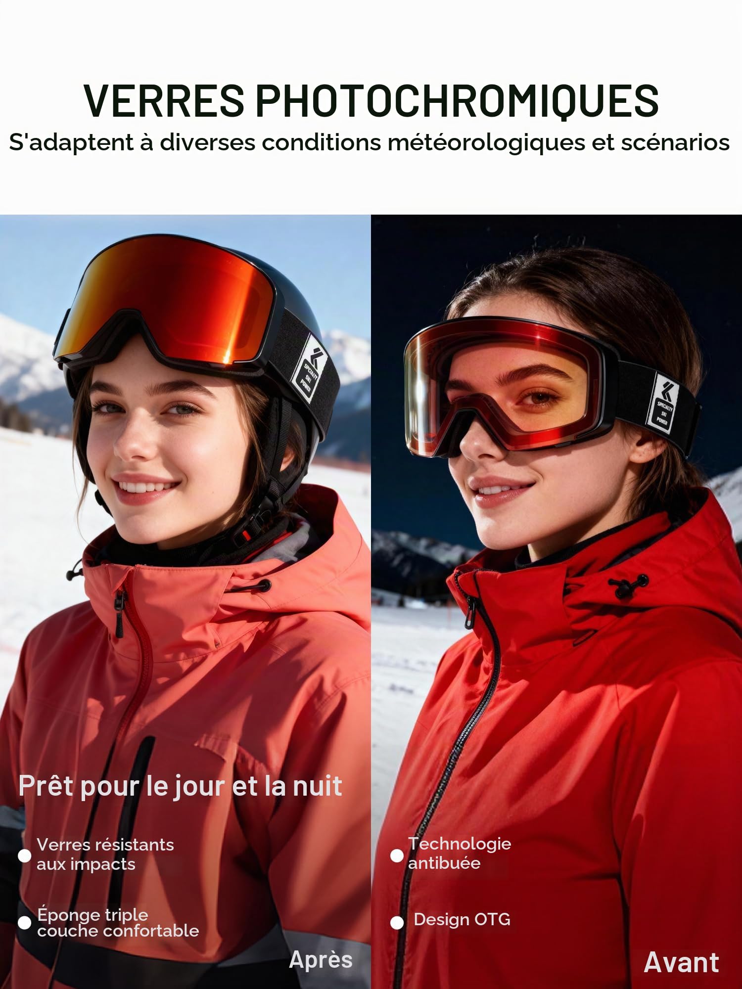KAPVOE Masque de Ski avec Lentilles Photochromiques & Colorées - Lentille Magnétique à Basculement Anti-Buée UV400 OTG - Compatible avec Casque Hommes Femmes K724