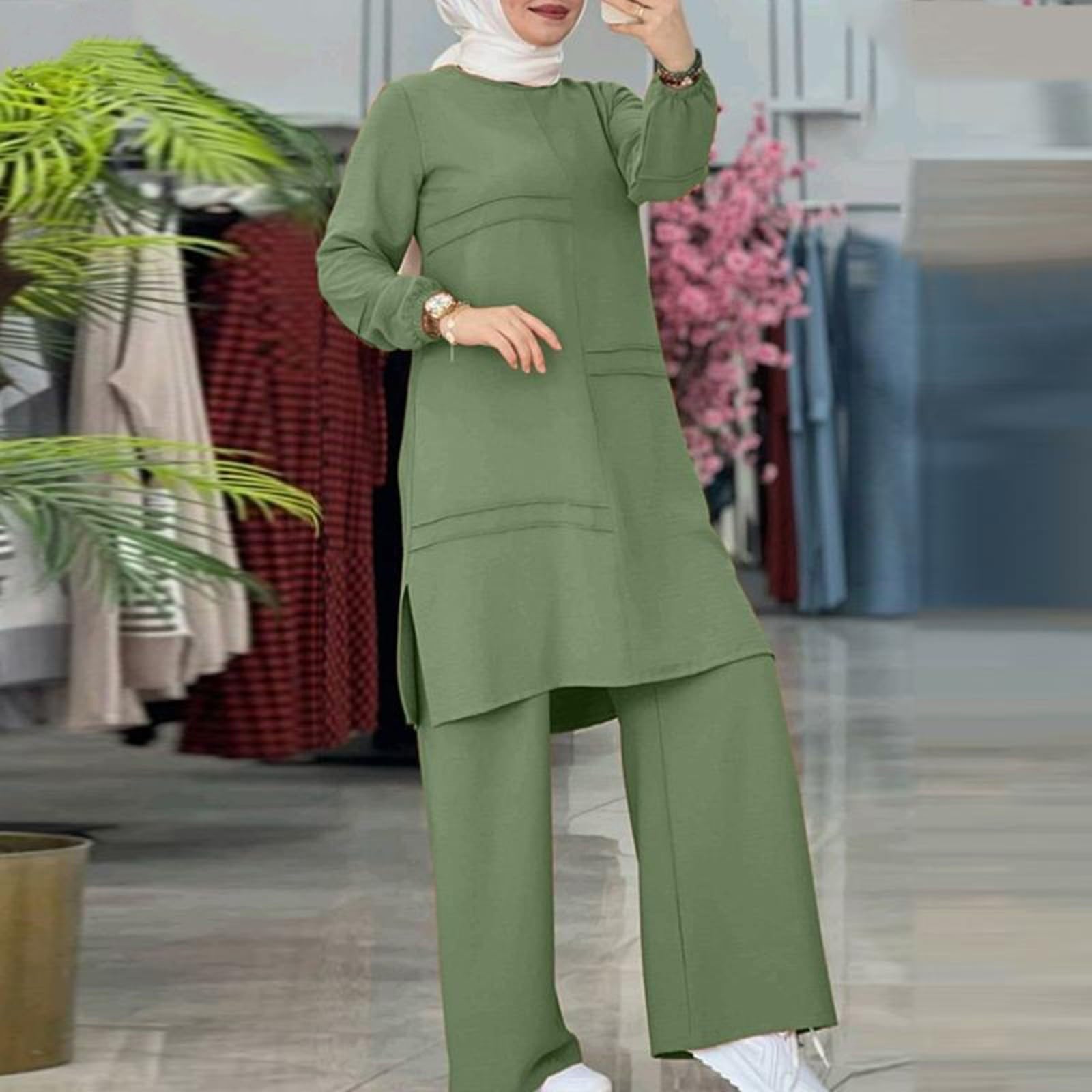 Generisch Sommerkleid Damen Kleid Muslimische 2-teilige Sets für Damen, Langarm-Button-Down-Hemd Hose, Abaya, Freizeitkleid, Dubai-Outfits