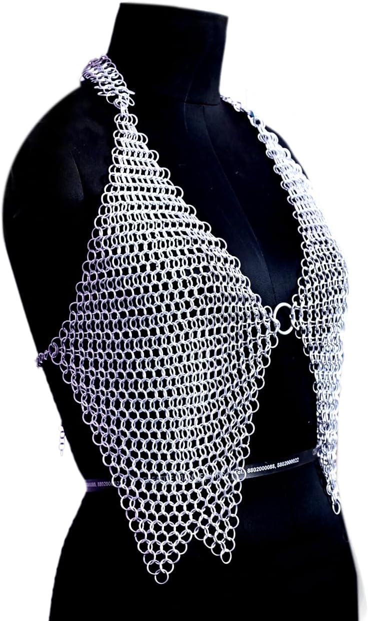 Chainmail Halter Top, Silver Aluminum Metal Bra, Medieval Armor Costume, LARP Rave Wear, One Size