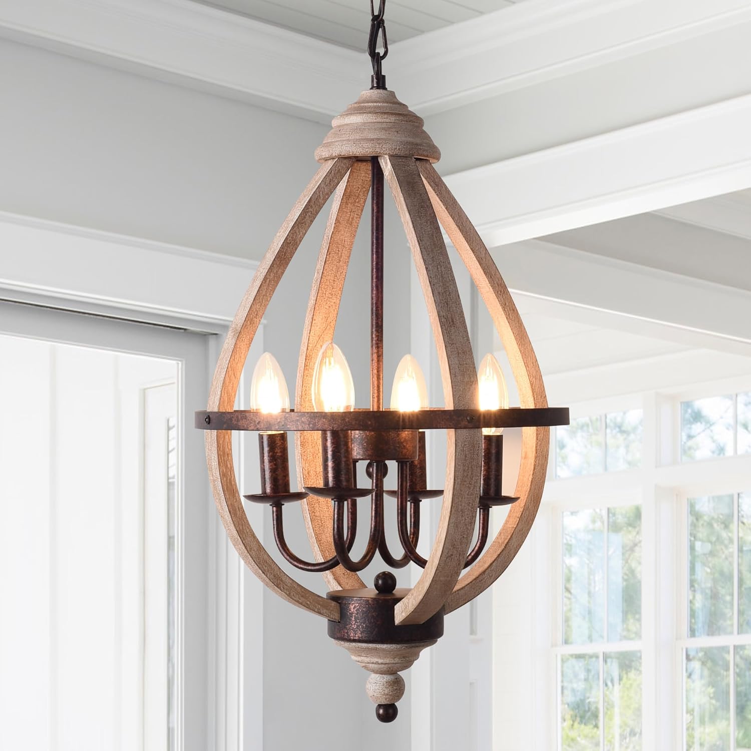 Vintage Teardrop Wood Pendant Light - Distressed Wood & Bronze Finish Farmhouse Chandelier for Kitchen Island, Dining Room，Mid-Century Modern & Retro Ceiling Mount Hanging Lamp Fixture