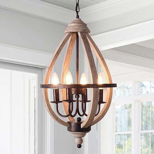 Lámpara colgante de madera con forma de lágrima vintage, lámpara de granja con acabado de madera envejecida y bronce para isla de cocina, comedor,