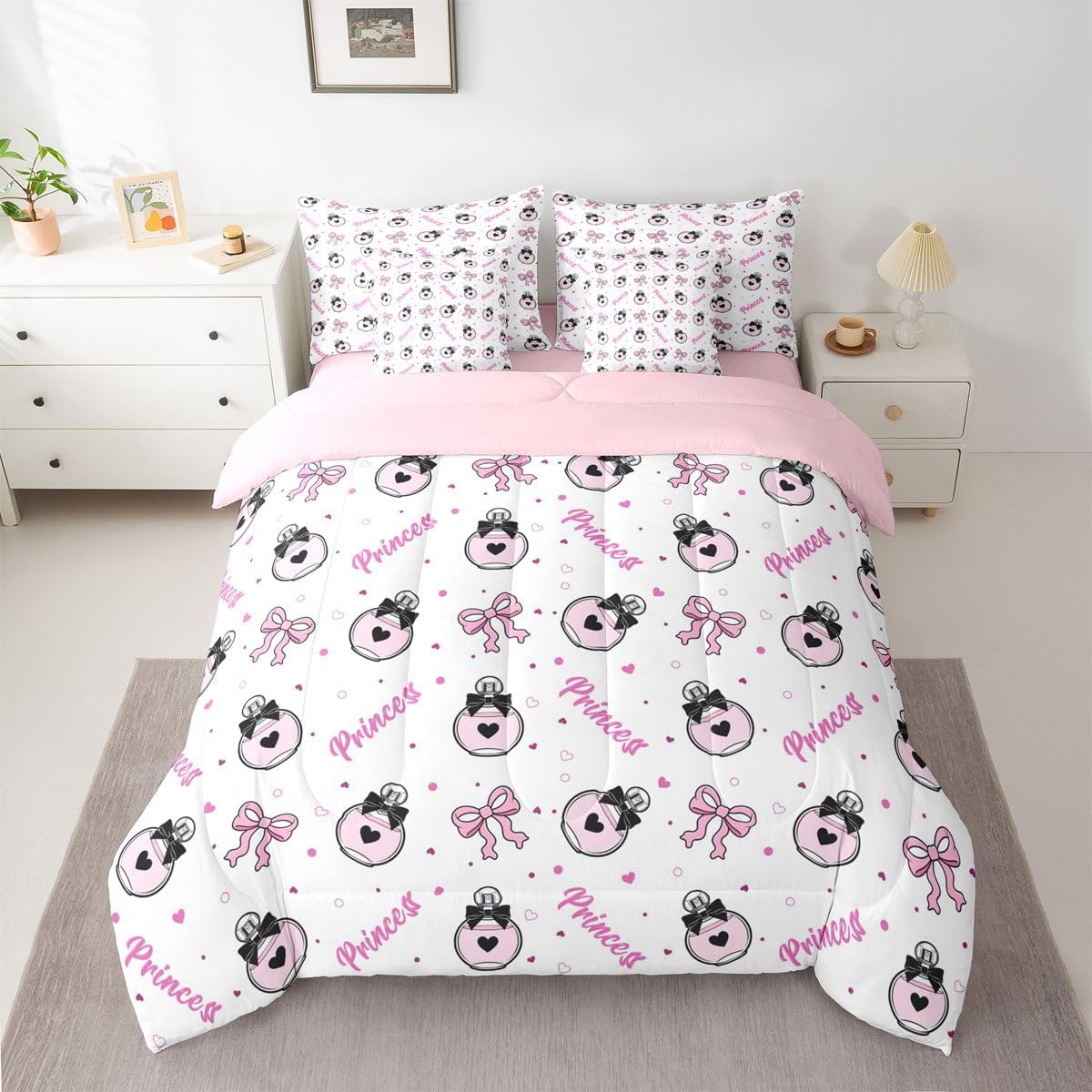 Castle Fairy Makeup Perfume 7 Piece Comforter Set Twin Size for Kid Girls Boys,Pink Bowknots Bed in A Bag with Sheets Kawaii Love Heart Bedding Sets Beauty Girly Bedroom Decor