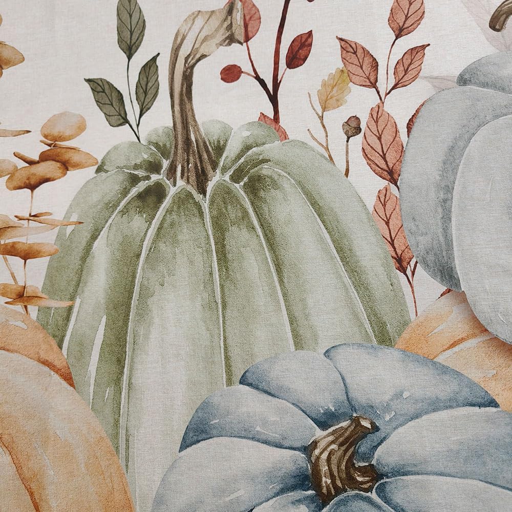 Fall Pumpkins Leaves Linen Shower Curtain Yellow Orange Watercolor Eucalyptus Leaves Fabric Shower Curtain Set with Hooks, Autumn Thanksgiving Harvest Shower Curtains for Bathroom, 71x71 Bath Curtain