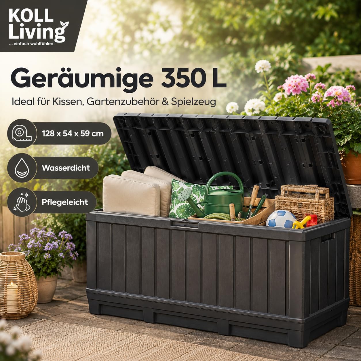 Koll Living Kentwood - Scatola da giardino da 350 litri, colore antracite, con funzione di seduta per cuscini, attrezzi da giardino o giocattoli per bambini, impermeabile e ben ventilato