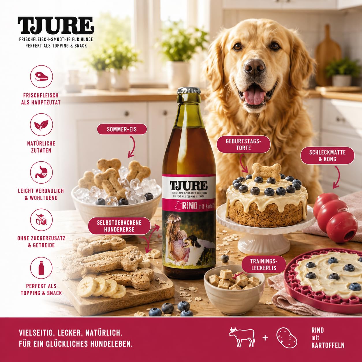 TJURE Hundesmoothie Mixbox | 10 + 2 x 320 ml | 6 x Geflügel | 6 x Rind | Flüssig Snack für Hunde | Ideal als Futter Topping | Zutaten in Lebensmittelqualität | Getreidefrei | Made in Germany