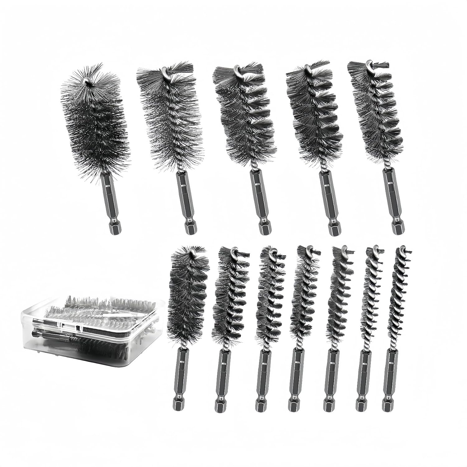 12 Pcs Stainless Steel Bore Brush Set with, 1/4" Hex Shank Twisted Wire Bristles,5/16"-1-3/16" Stainless Steel Wire Brush Bore Cleaning Brush ,for Set Power Drill Cleaning for Impact Drivers