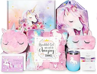 Beaunty 4-10 Age Girls' Blanket Set, Unicorn Gift Set Girl, With Unicorn Blanket Bag, Eye Mask and Water cup, New Year's