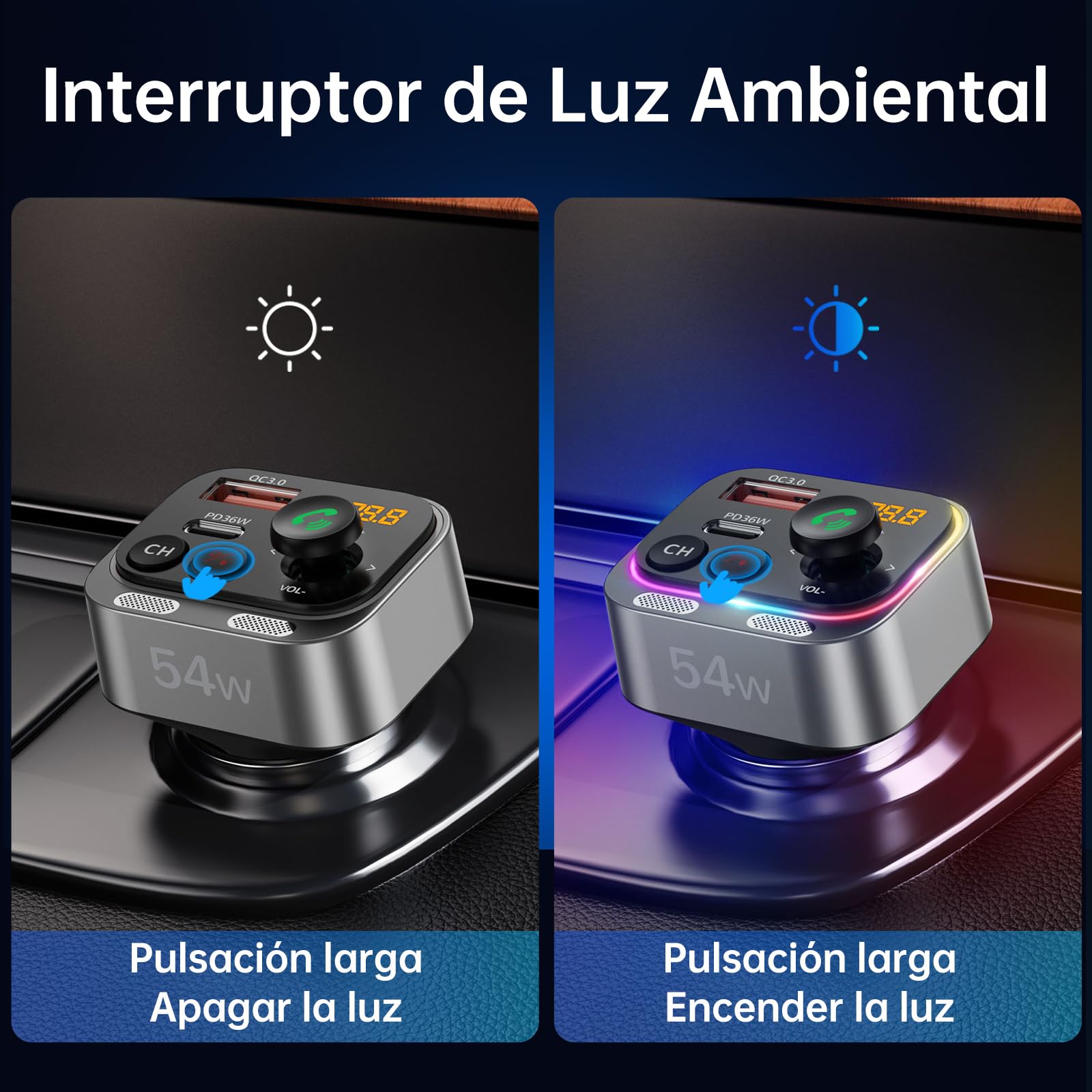 Syncwire Transmisor FM Bluetooth 5.4 54W PD&QC3.0 Cargador de Coche USB C [Micrófonos Duales & Sonido de Bajos HiFi] [Carga Rápida] [Interruptor de Luz] Receptor de Radio Llamadas Manos Libres