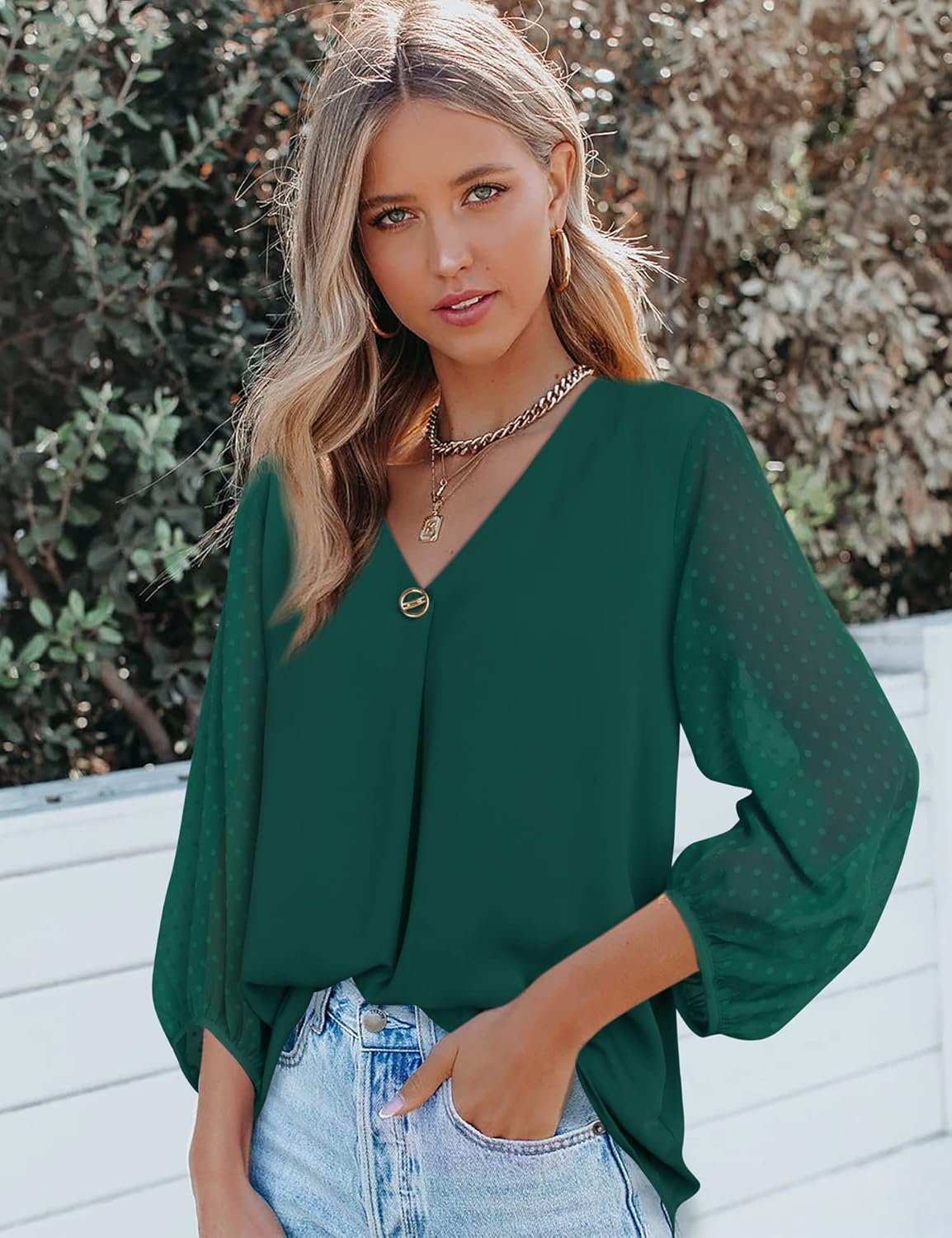 Bebonnie Womens Lantern 3/4 Sleeve Causal Loose V Neck Chiffon Blouses Tops - Image 3