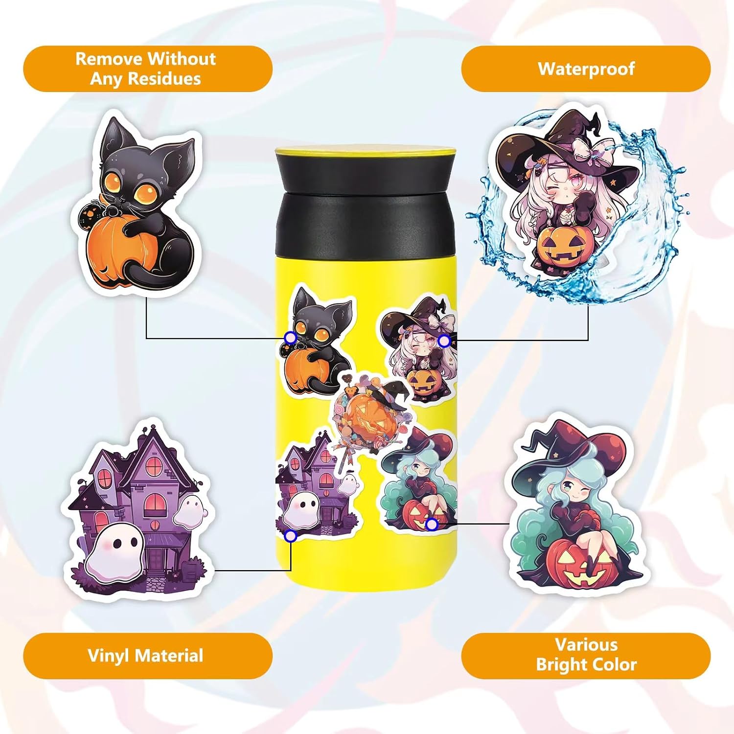 100PCS Non Repeating Halloween Cartoon Pumpkin Themed Stickers Party Favors Vinyl Waterproof Holiday Party, Halloween Children's Cartoon Party Stickers Decoration