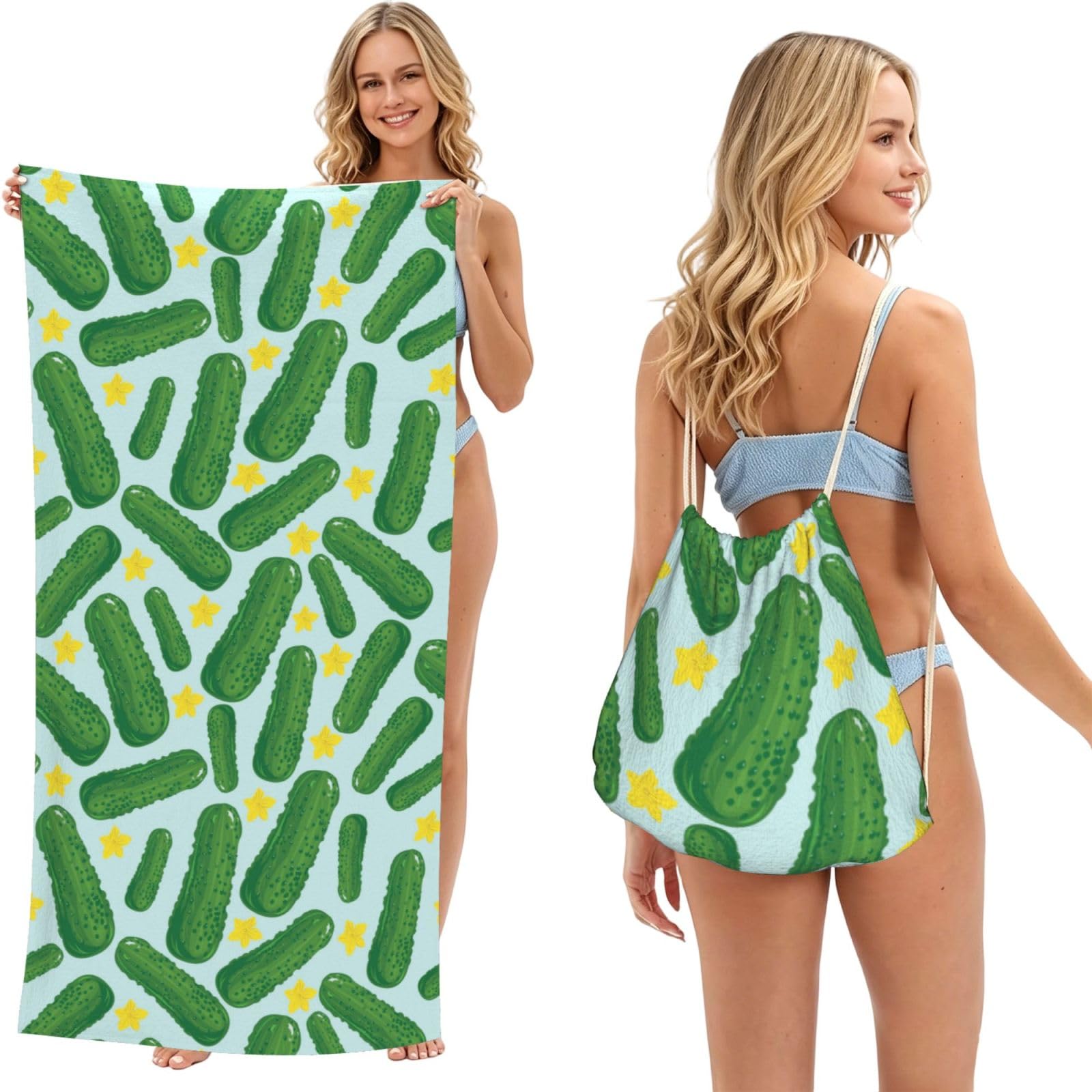Poadnly As Picture Cucumbers, 2 In 1 Packable Towel Bag, Beach Towels With Drawstring Backpack For Travel Holiday Camping